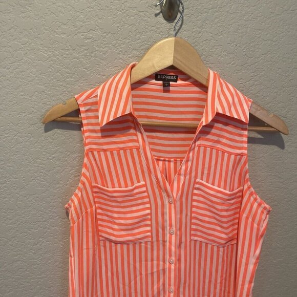 Express Shirt Women S Small Button Up Collared Sleeveless Pockets Orange Striped - Picture 4 of 10